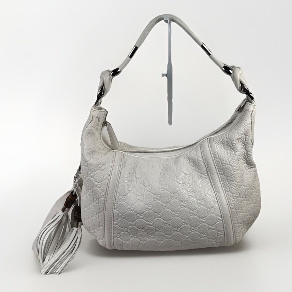 GUCCI GG SHW Techro Horsebit Medium Hobo Hand Bag 240216 Calfskin Leather White - Picture 12 of 16
